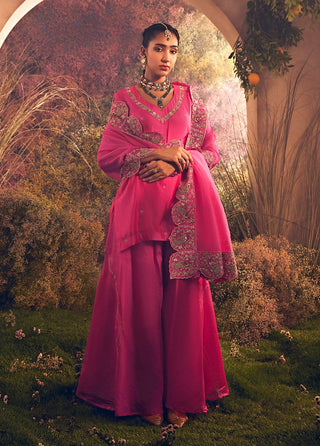 Hot pink silk organza sharara set