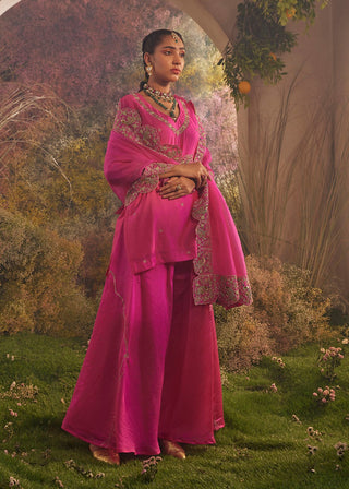 Hot pink silk organza sharara set