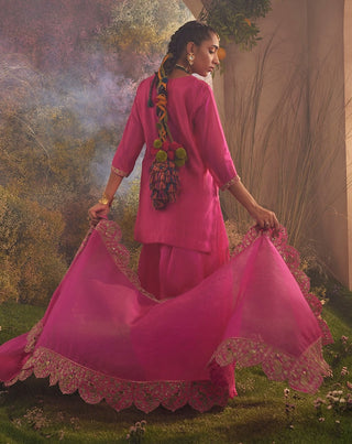 Hot pink silk organza sharara set