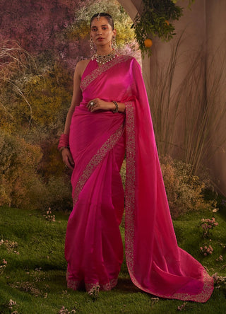 Hot pink silk organza saree and blouse piece