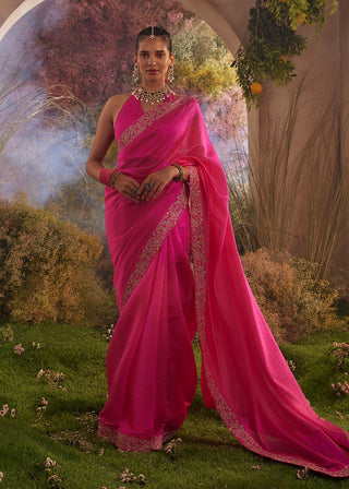 Hot pink silk organza saree and blouse piece