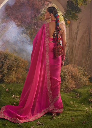 Hot pink silk organza saree and blouse piece