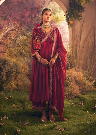 Maroon soft chanderi suit set