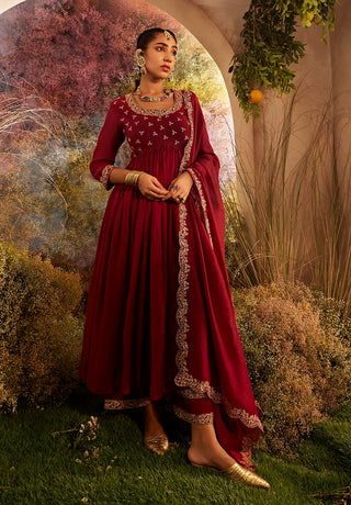 Maroon embroidered soft chanderi suit set