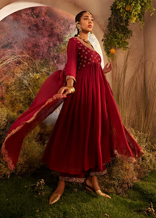 Maroon embroidered soft chanderi suit set