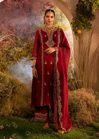 Maroon soft chanderi embroidery suit set