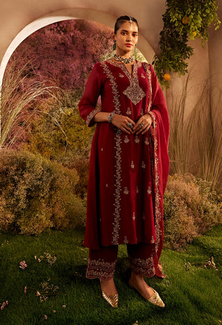 Maroon soft chanderi embroidery suit set