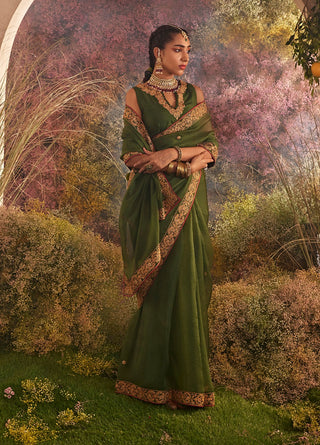 Green organza saree and blouse piece