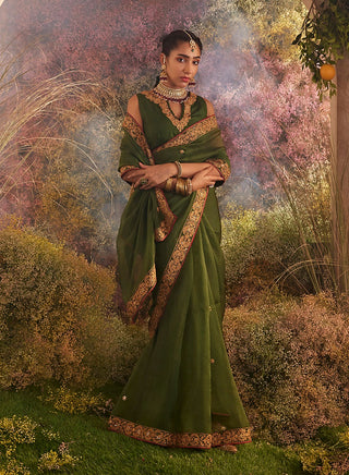 Green organza saree and blouse piece