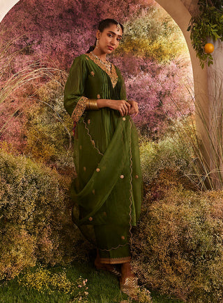 Green silk organza kurta set