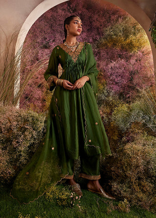 Green silk organza kurta set