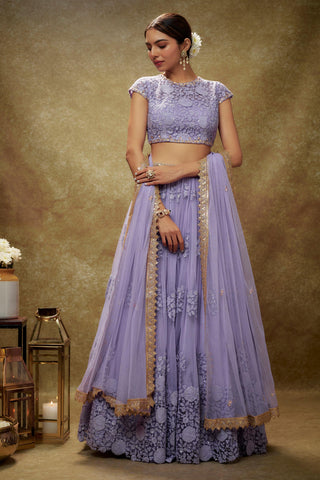 Purple floral threadwork lehenga set