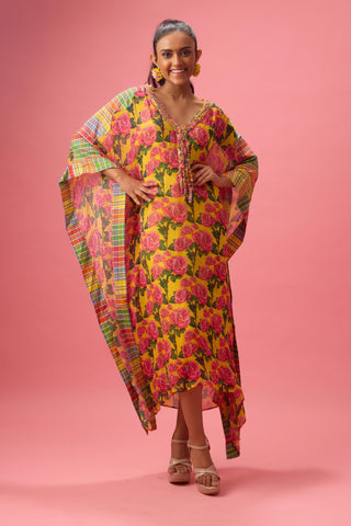 Multicolor floral printed kaftan with madras check detailing