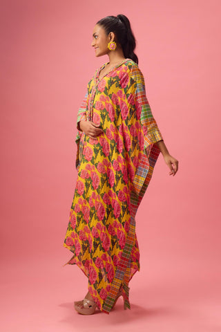 Multicolor floral printed kaftan with madras check detailing