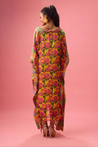 Multicolor floral printed kaftan with madras check detailing