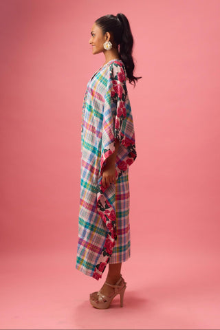 Multicolor madras check kaftan with floral print detailing