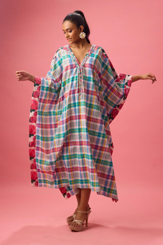 Multicolor madras check kaftan with floral print detailing