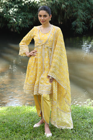 Yellow gaatha short anarkali kurta set