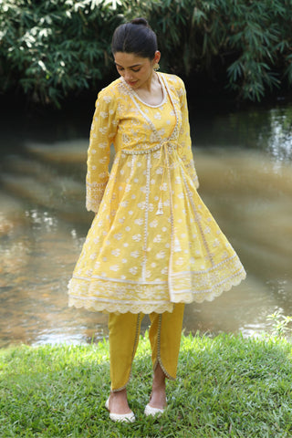 Yellow gaatha short anarkali kurta set