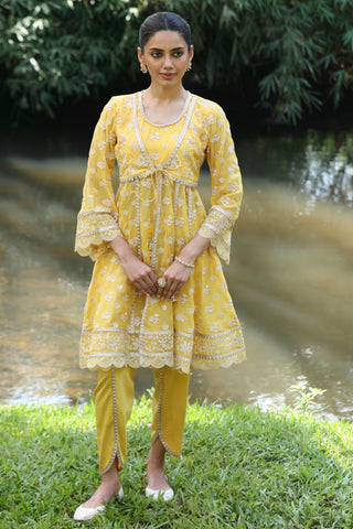 Yellow gaatha short anarkali kurta set