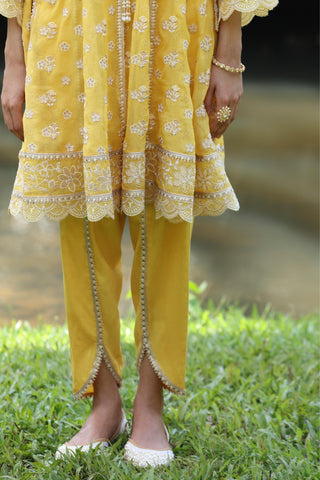 Yellow gaatha short anarkali kurta set