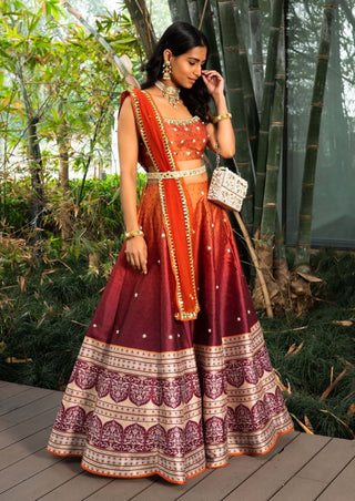 Zeenat orange maroon printed lehenga set