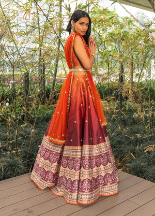 Zeenat orange maroon printed lehenga set