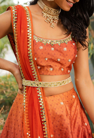 Zeenat orange maroon printed lehenga set