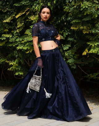 Maheem navy blue organza lehenga set