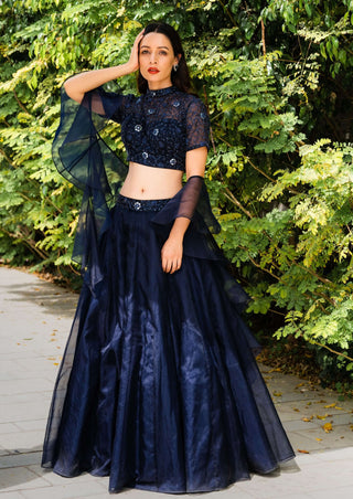 Maheem navy blue organza lehenga set