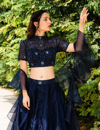 Maheem navy blue organza lehenga set