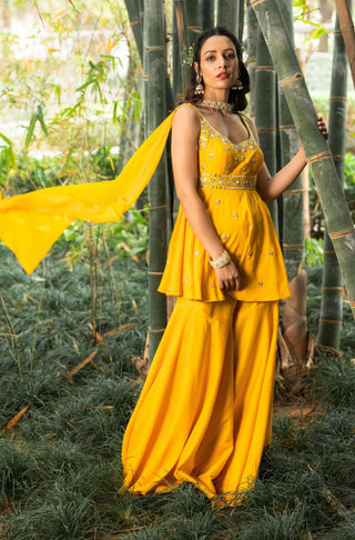 Abira yellow peplum kurta and sharara set