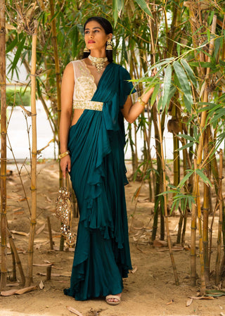 Zuri teal green ruffle saree and blouse