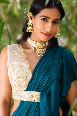 Zuri teal green ruffle saree and blouse