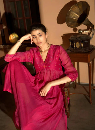 Pink hand embroidered gather kurta set