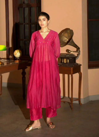 Pink hand embroidered gather kurta set