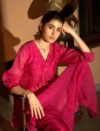 Pink hand embroidered gather kurta set