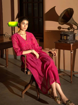 Pink hand embroidered gather kurta set