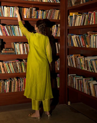 Neon green side panelled A-line kurta set