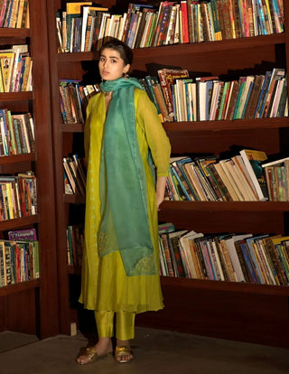 Neon green side panelled A-line kurta set