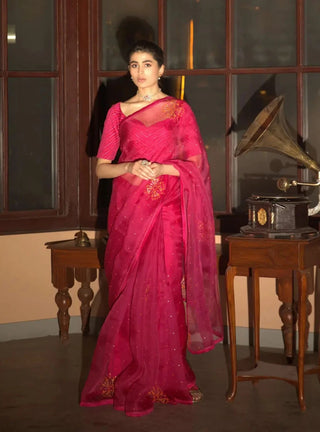 Pink hand embroidered saree