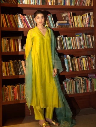 Neon green side panelled A-line kurta set