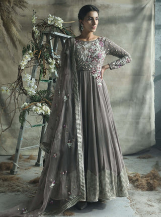 Gold gray embellished anarkali suit and dupatta