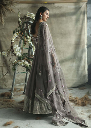 Gold gray embellished anarkali suit and dupatta