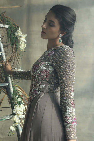 Gold gray embellished anarkali suit and dupatta