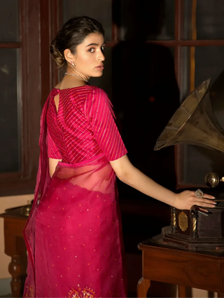 Pink hand embroidered saree