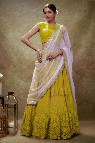 Yellow floral threadwork lehenga set