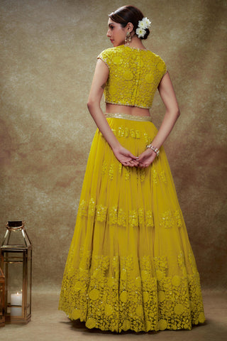 Yellow floral threadwork lehenga set