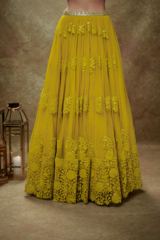 Yellow floral threadwork lehenga set