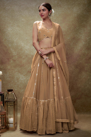 Beige fawn mirror work sequin lehenga set